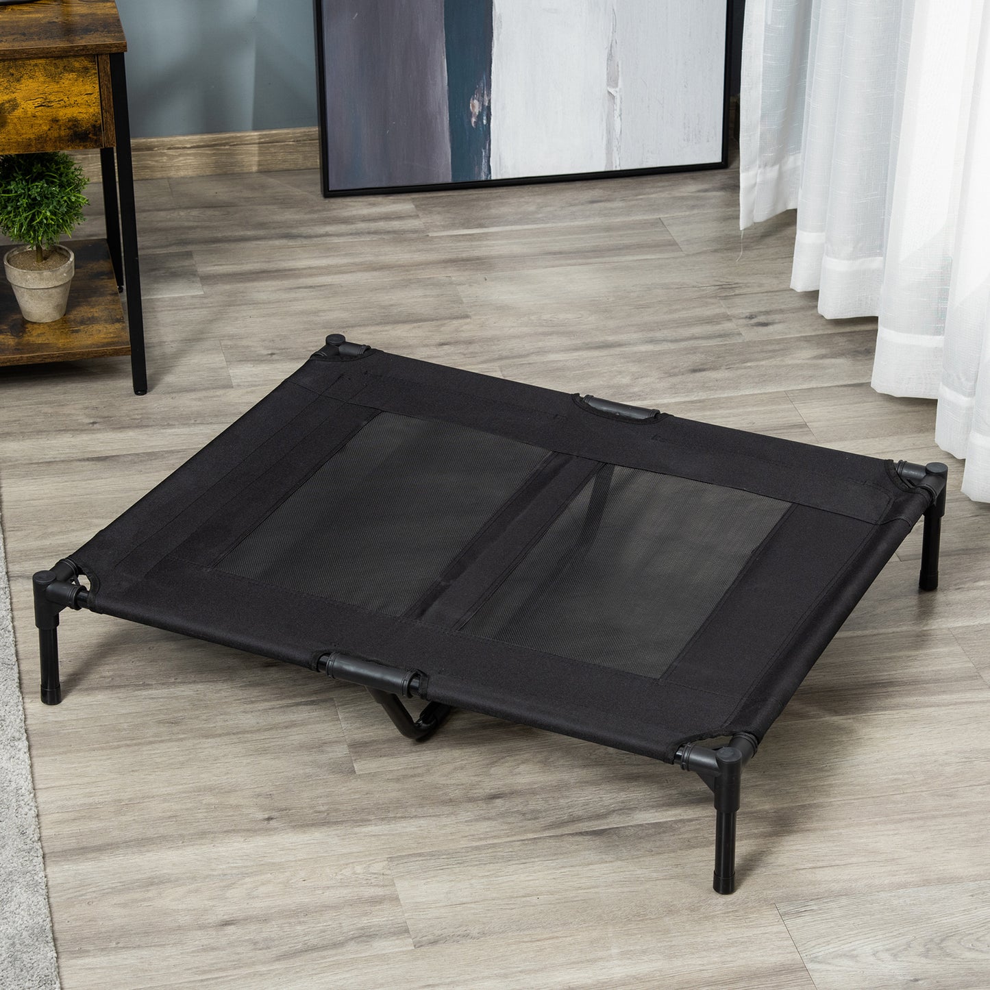 PawHut Cama Elevada para Perros Gatos Portátil Cama para Mascotas con Zona de Malla Transpirable y Tela Oxford para Interior Exterior 92x76x18 cm Negro