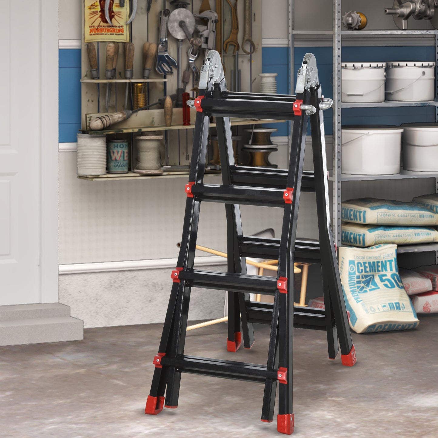 HOMCOM Escalera Telescópica de Aluminio 4 m Escalera Extensible Plegable con 8 Peldaños Ajustables y 2 Formas Escalera Multiusos Carga 150 kg Negro y Rojo