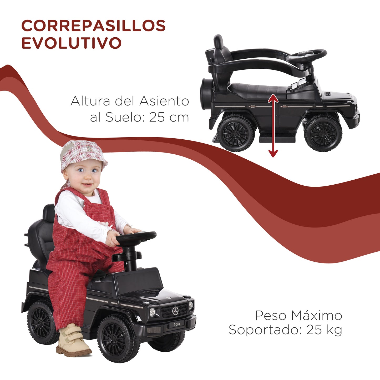 HOMCOM Correpasillos para Niños con Licencia Mercedes G350 Coche Correpasillos para Niños de 1-3 Años con Bocina Capota Extraíble y Barandilla Carga 25 kg 85,5x40,5x95 cm Negro