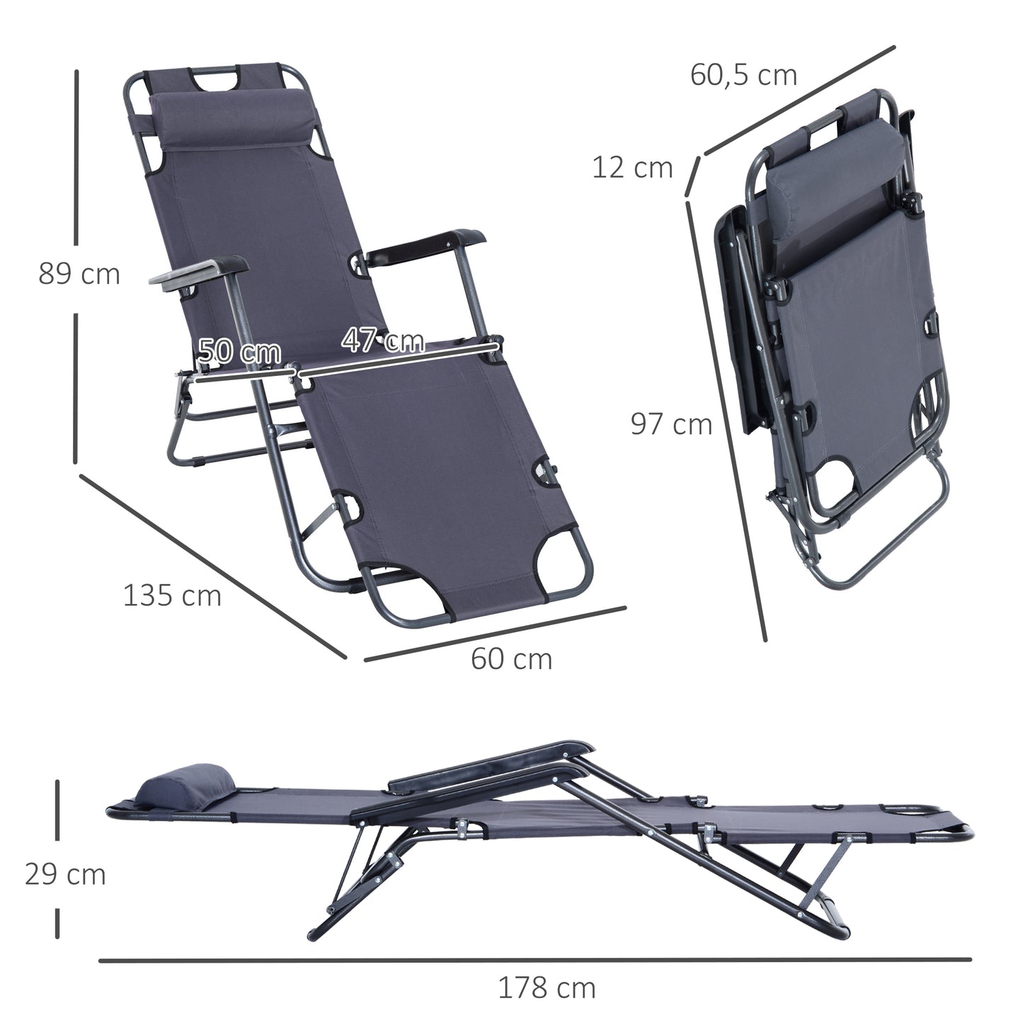 Outsunny Tumbona Reclinable y Plegable Silla de Playa Tumbona Relax Plegable con Respaldo Ajustable Reposabrazos Almohada y Reposapiés para Jardín Balcón Carga 136 kg 135x60x89 cm Gris