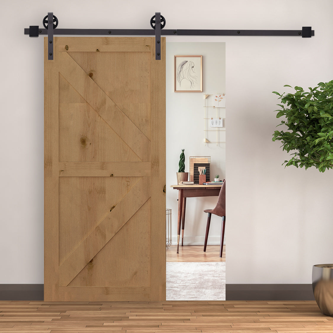 HOMCOM 6FT/183cm Herraje para Puerta Corredera Kit de Accesorios para Puerta Corrediza de Madera con Guía de Suelo Riel de Acero al Carbono Café Oscuro