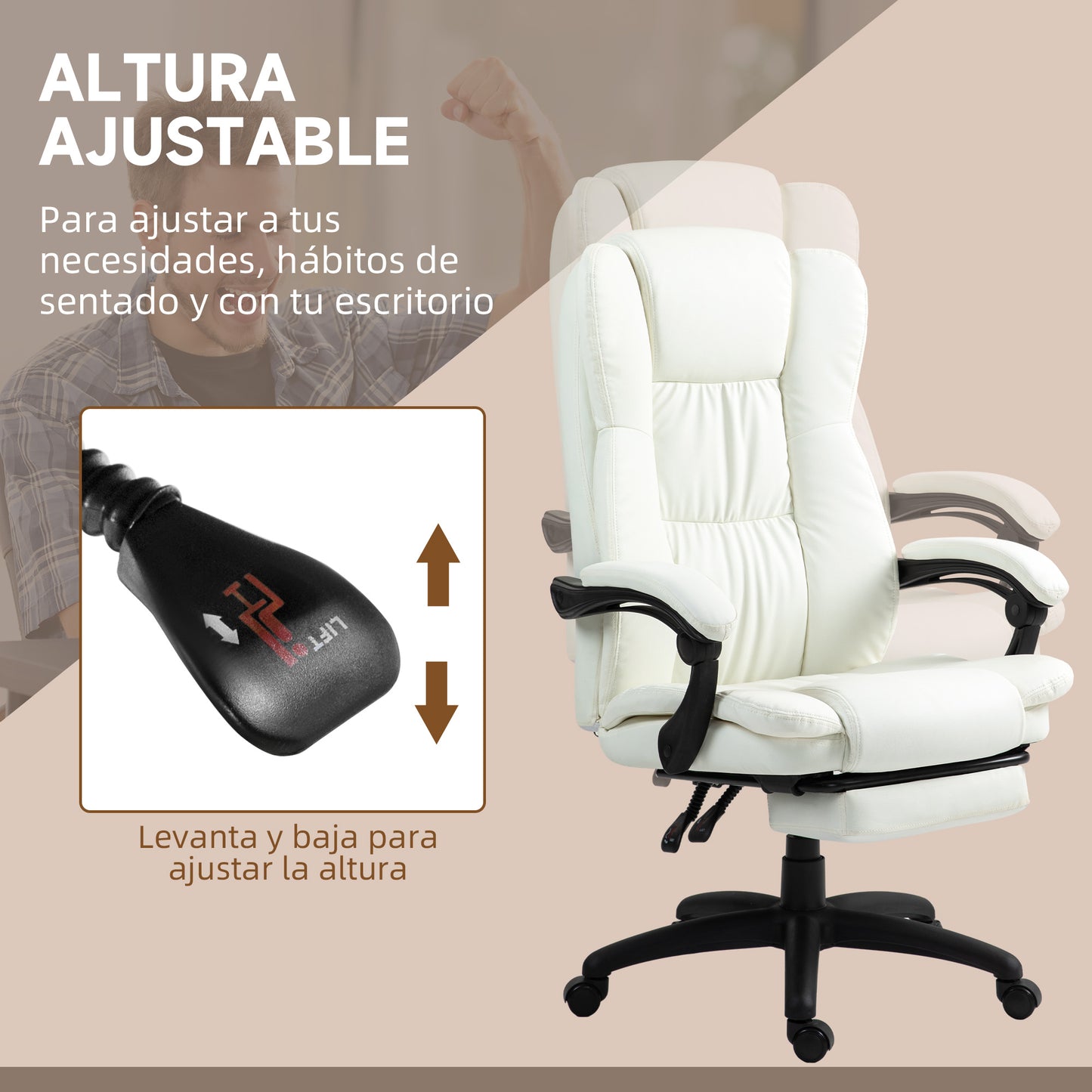 Vinsetto Silla de Masaje con 6 Puntos de Masaje Silla de Oficina Giratoria Silla de Despacho Reclinable con Altura Ajustable Reposapiés Retráctil y Control Remoto 68,5x68,5x113-121 cm Crema