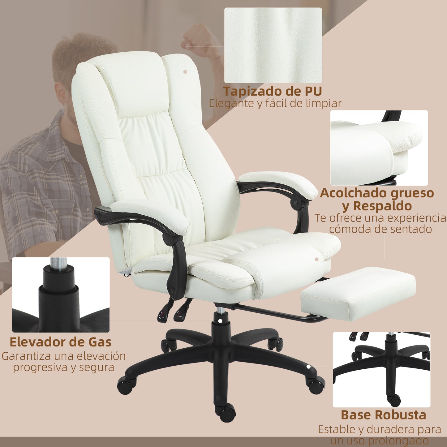 Vinsetto Silla de Masaje con 6 Puntos de Masaje Silla de Oficina Giratoria Silla de Despacho Reclinable con Altura Ajustable Reposapiés Retráctil y Control Remoto 68,5x68,5x113-121 cm Crema