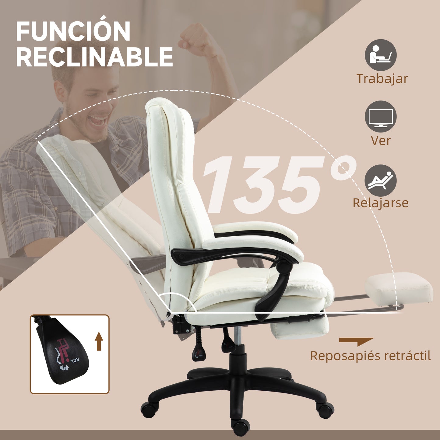 Vinsetto Silla de Masaje con 6 Puntos de Masaje Silla de Oficina Giratoria Silla de Despacho Reclinable con Altura Ajustable Reposapiés Retráctil y Control Remoto 68,5x68,5x113-121 cm Crema