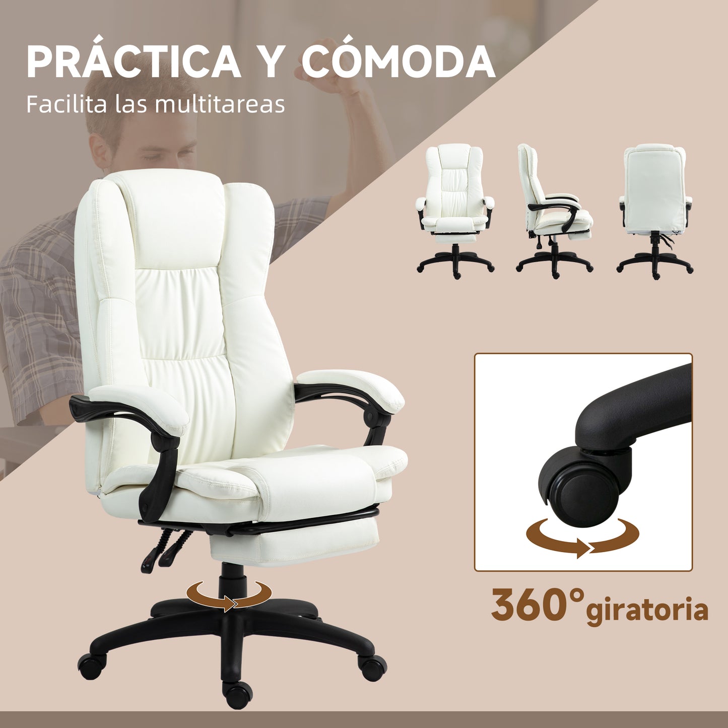 Vinsetto Silla de Masaje con 6 Puntos de Masaje Silla de Oficina Giratoria Silla de Despacho Reclinable con Altura Ajustable Reposapiés Retráctil y Control Remoto 68,5x68,5x113-121 cm Crema