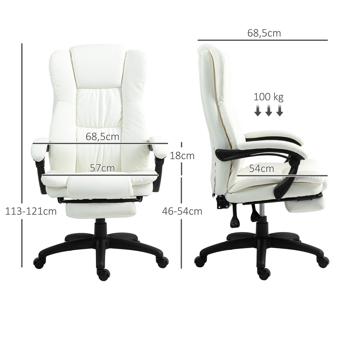 Vinsetto Silla de Masaje con 6 Puntos de Masaje Silla de Oficina Giratoria Silla de Despacho Reclinable con Altura Ajustable Reposapiés Retráctil y Control Remoto 68,5x68,5x113-121 cm Crema