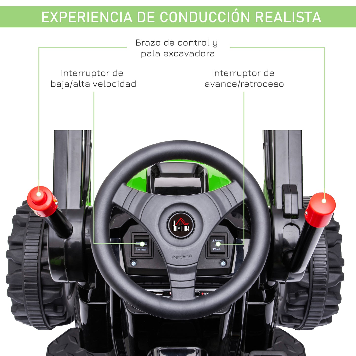 HOMCOM Tractor Excavadora Eléctrico para Niños de +3 Años Vehículo Infantil con Batería 6V Pala Música y Luces Velocidad de 2 Niveles 132x62x65 cm Negro y Verde