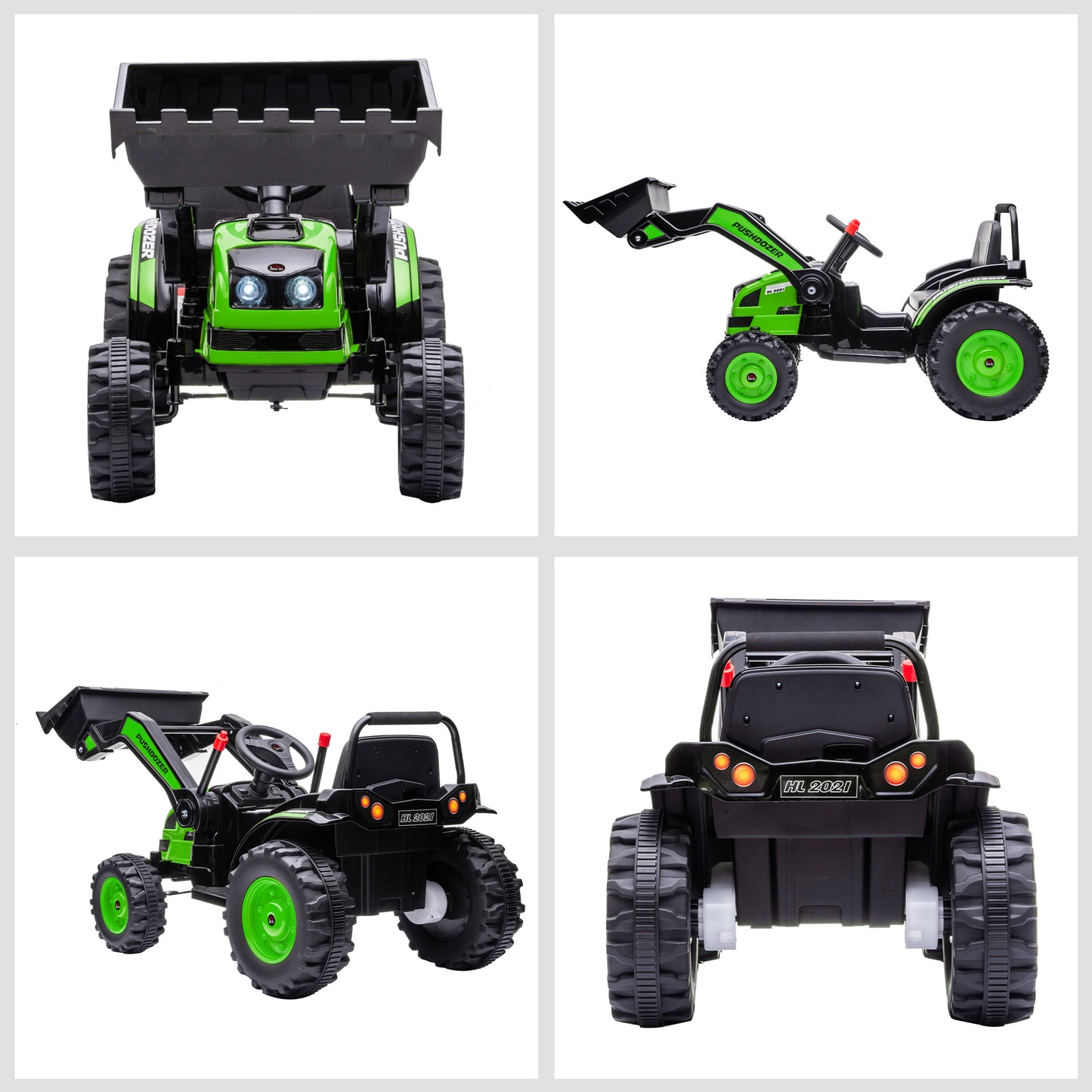 HOMCOM Tractor Excavadora Eléctrico para Niños de +3 Años Vehículo Infantil con Batería 6V Pala Música y Luces Velocidad de 2 Niveles 132x62x65 cm Negro y Verde