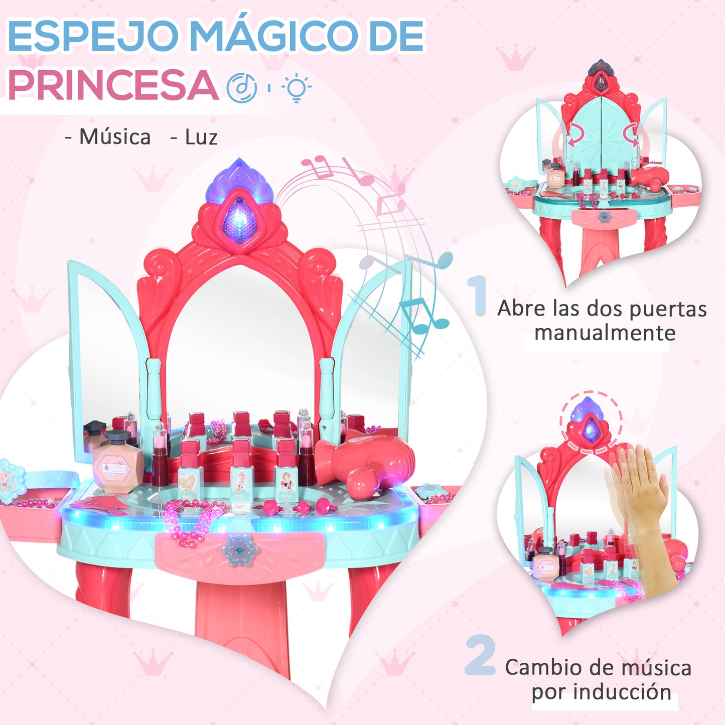 AIYAPLAY Tocador de Juguete para Niñas de +3 Años con Taburete Espejo Luz Música y Secador Incluye 31 Accesorios Tocador de Maquillaje 57x34x76 cm Multicolor