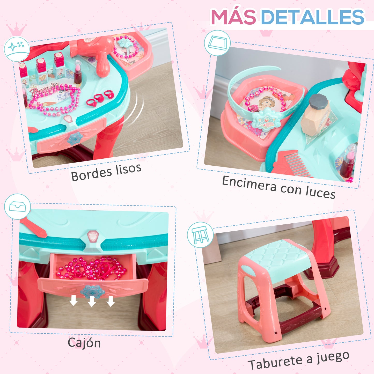 AIYAPLAY Tocador de Juguete para Niñas de +3 Años con Taburete Espejo Luz Música y Secador Incluye 31 Accesorios Tocador de Maquillaje 57x34x76 cm Multicolor