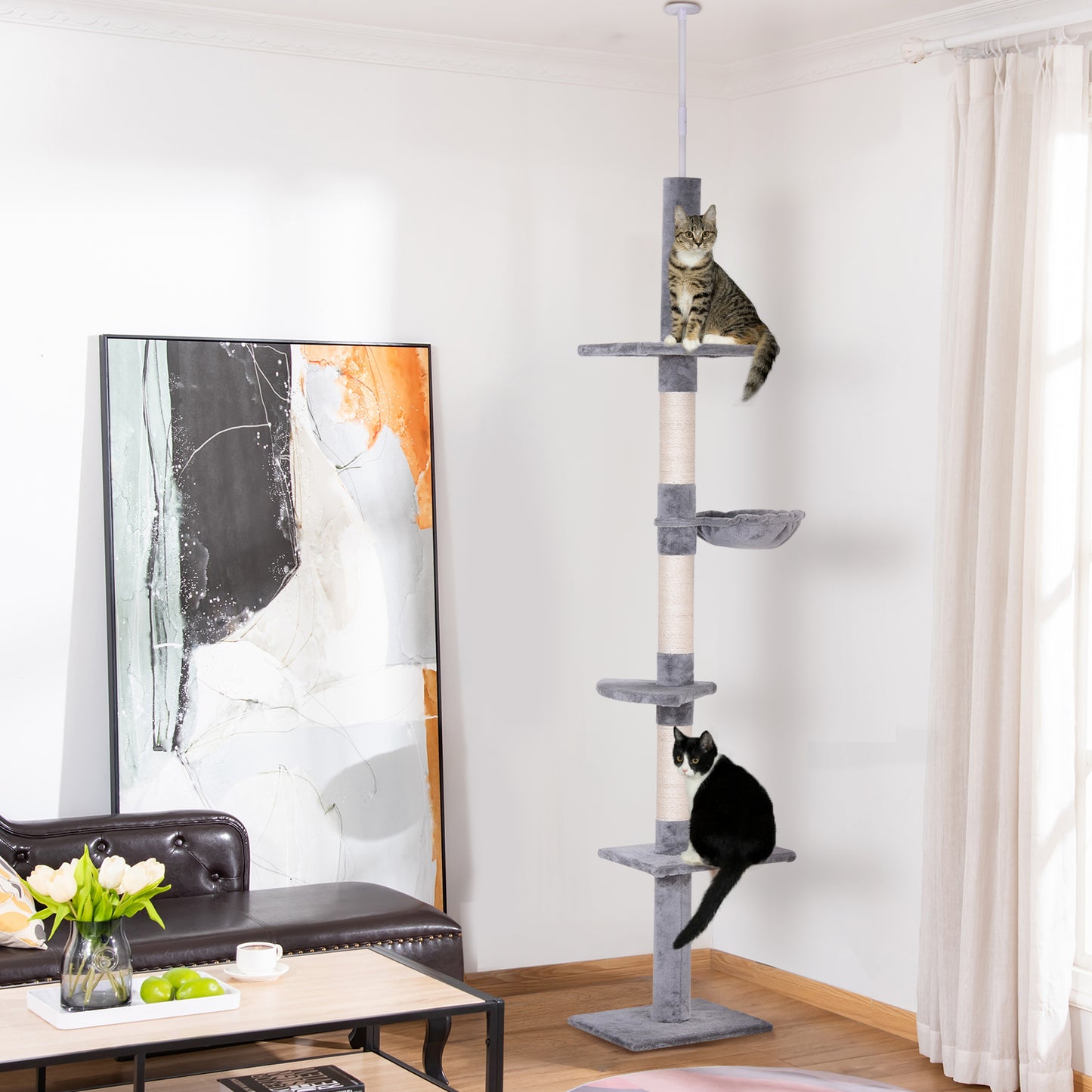 PawHut Árbol para Gatos de Suelo al Techo de 230-260 cm Torre para Gatos con Altura Ajustable Plataformas Hamaca y Postes de Sisal Gris