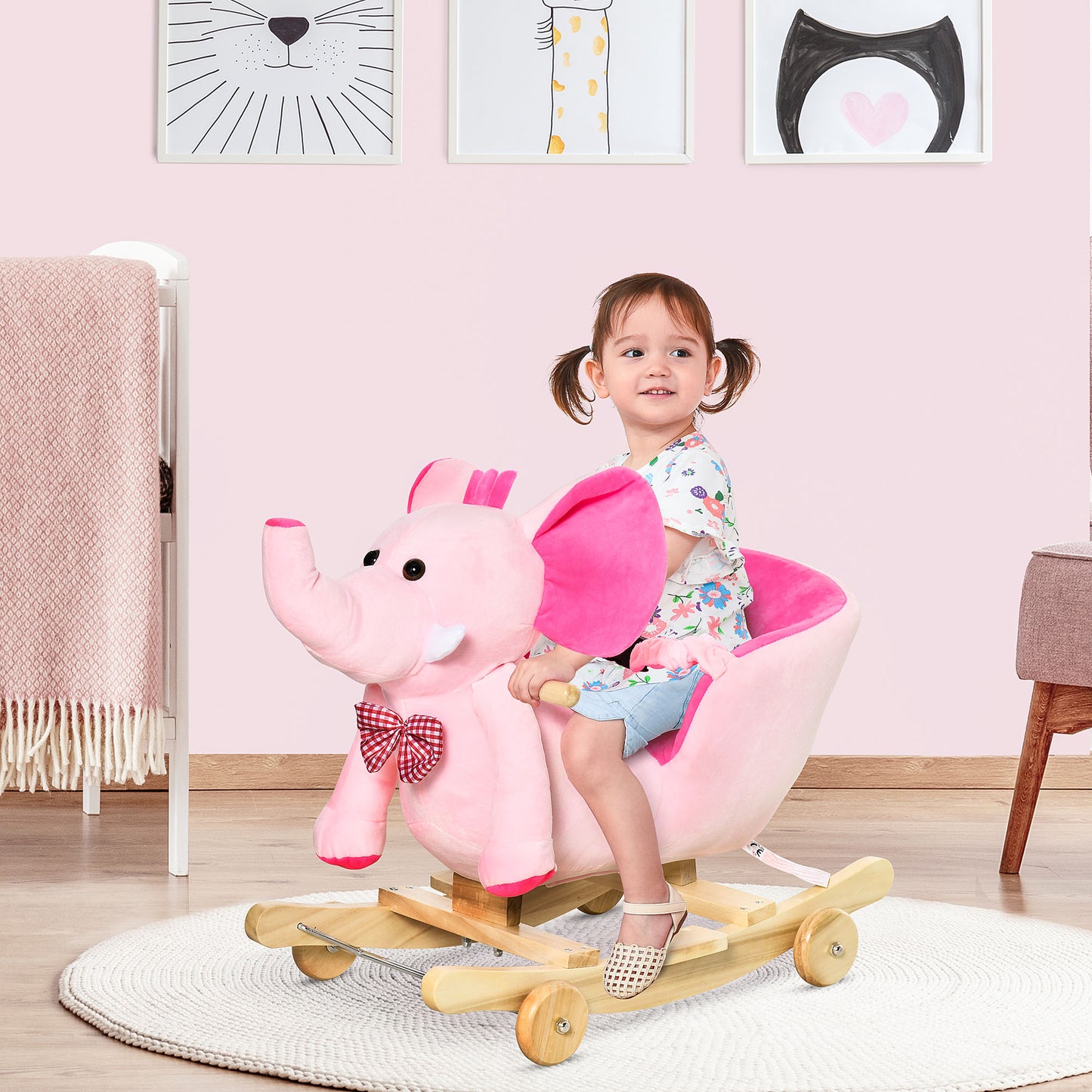 HOMCOM Caballito Balancín con Ruedas Forma de Elefante Caballo Balancín para Bebés de +18 Meses con Músicas Infantiles y Cinturón de Seguridad Carga 60 kg 60x35x45 cm Rosa