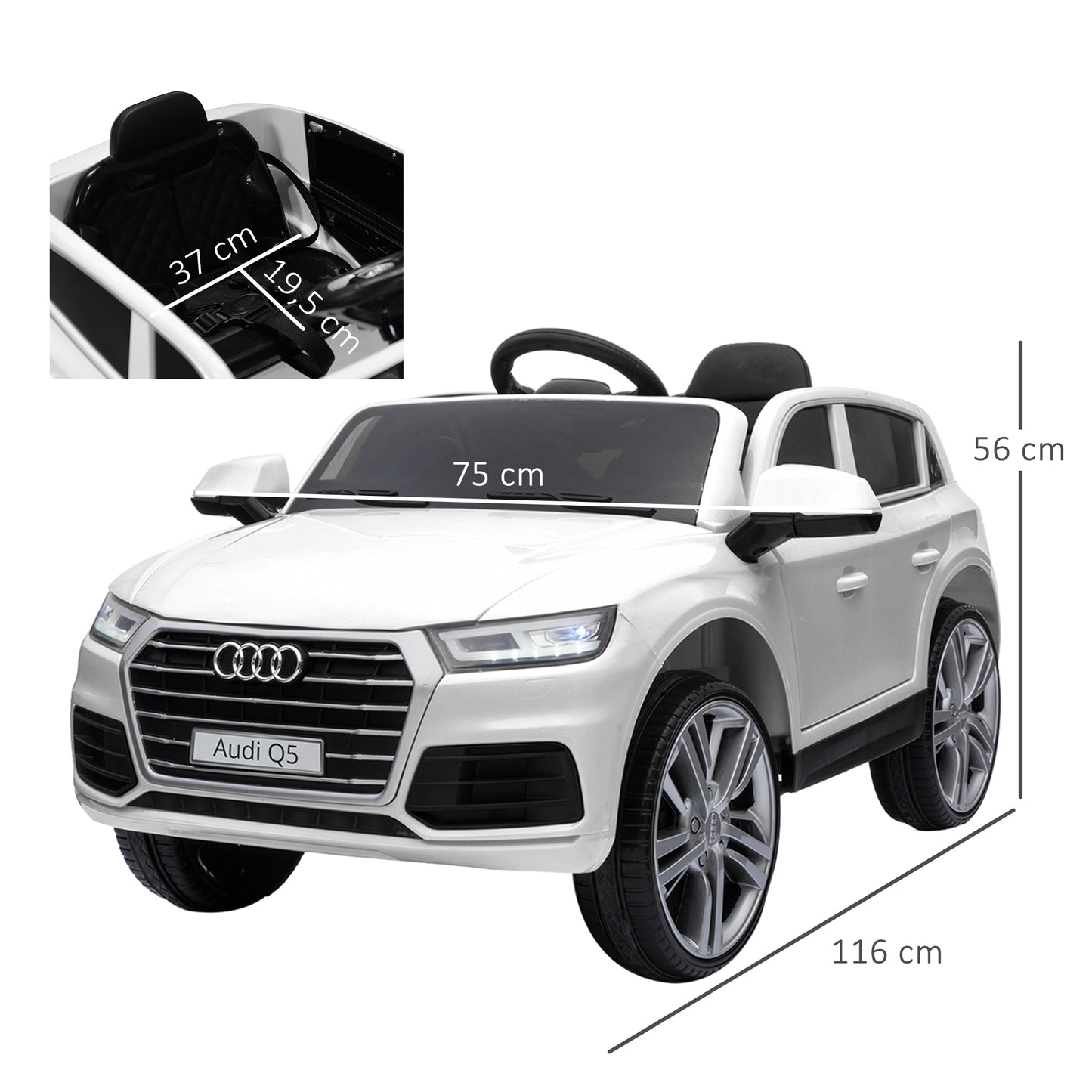 HOMCOM Coche Eléctrico para Niño +3 Años Audi Q5 con Mando a Distancia MP3 Luces y Sonidos Apertura de Puerta y Tirador Carga 30 kg 116x75x56 cm Blanco