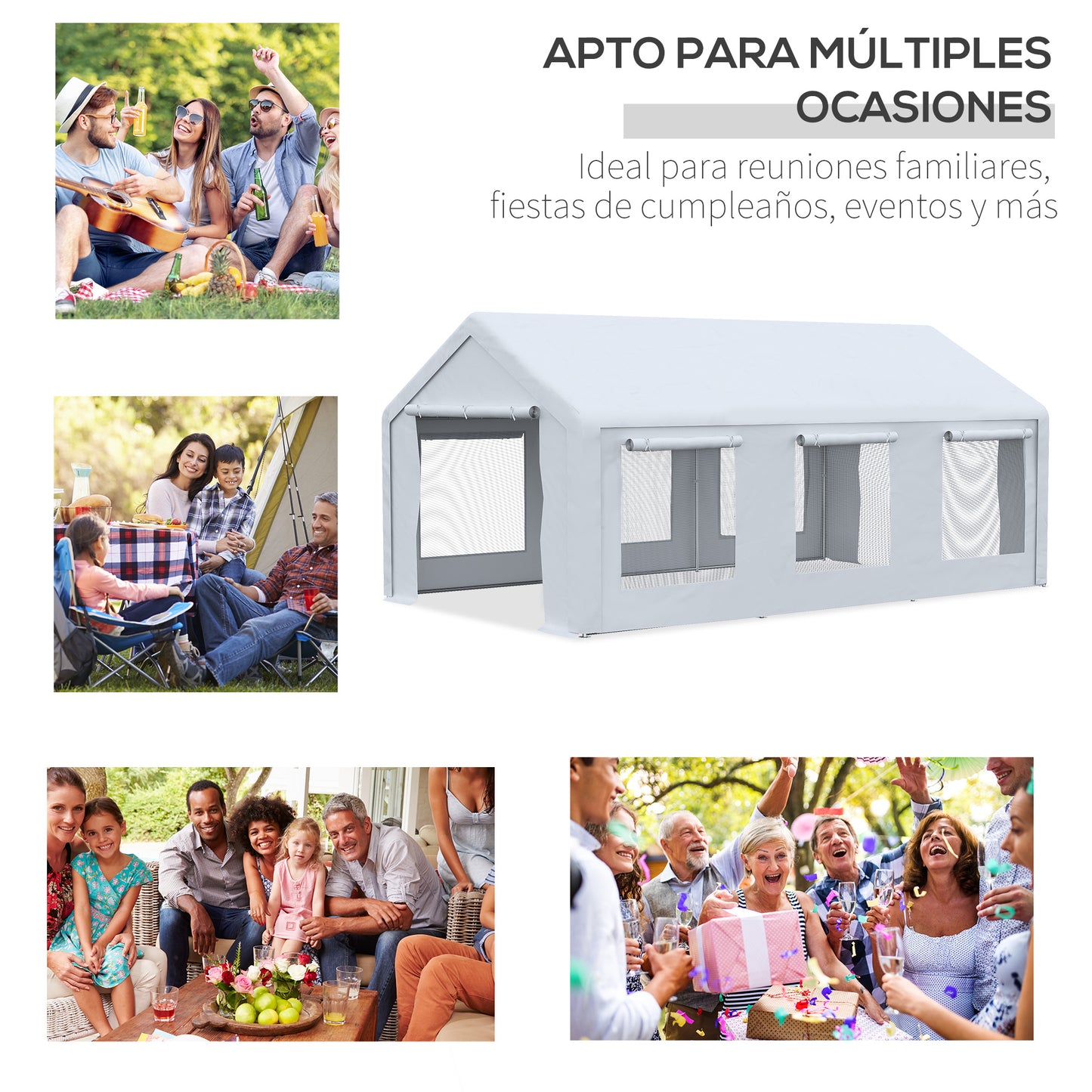 Outsunny Carpa para Fiestas 6x3 m Pabellón de Jardín con 2 Paredes Laterales Extraíbles 2 Puertas y 6 Ventanas con Cremalleras Protección UV Cenador para Eventos Celebraciones Blanco