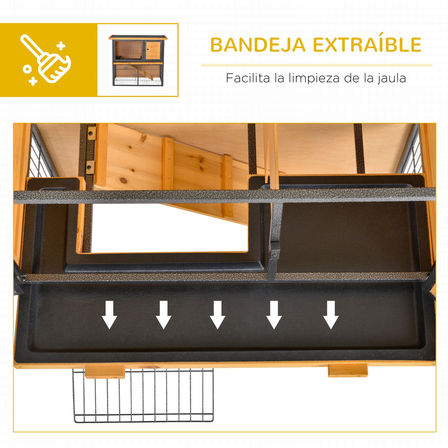 PawHut Conejera de Exterior de Madera Jaula para Mascotas Pequeñas 2 Niveles con Rampa Bandeja Extraíble Puertas con Cerraduras 89,5x45x81 cm Madera y Gris