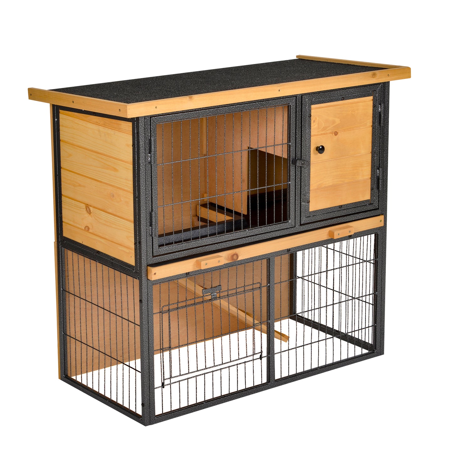 PawHut Conejera de Exterior de Madera Jaula para Mascotas Pequeñas 2 Niveles con Rampa Bandeja Extraíble Puertas con Cerraduras 89,5x45x81 cm Madera y Gris