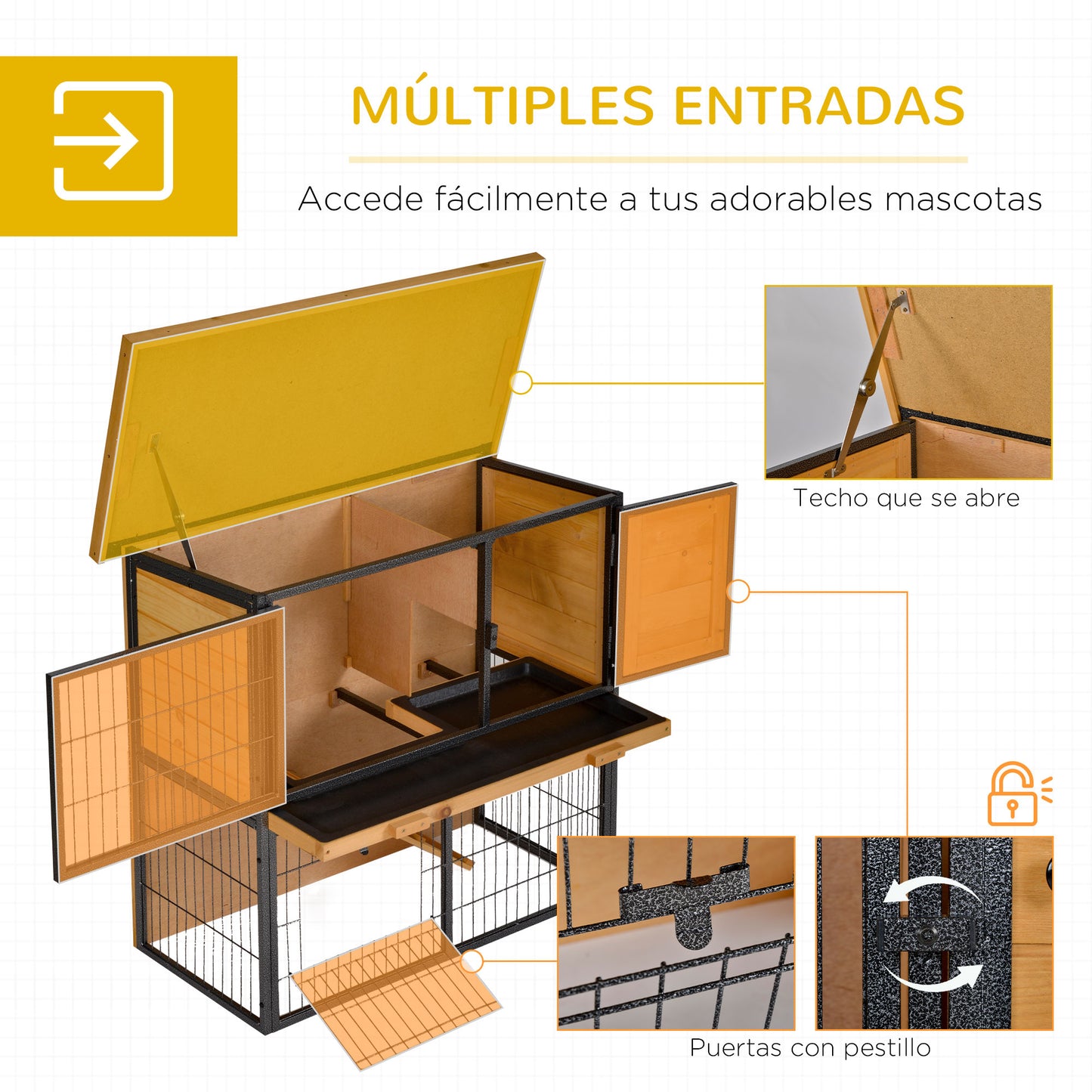 PawHut Conejera de Exterior de Madera Jaula para Mascotas Pequeñas 2 Niveles con Rampa Bandeja Extraíble Puertas con Cerraduras 89,5x45x81 cm Madera y Gris