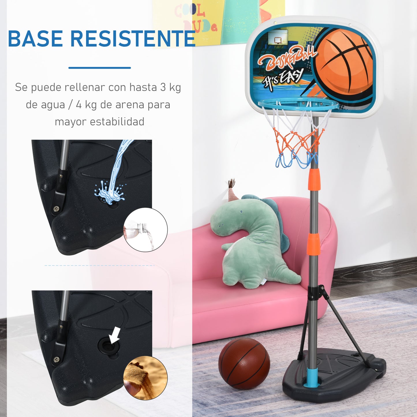 HOMCOM Canasta de Baloncesto para Niños Aro Baloncesto con Soporte Altura Ajustable y Base Rellenable Incluida Interior y Exterior 32x65x126-158 cm