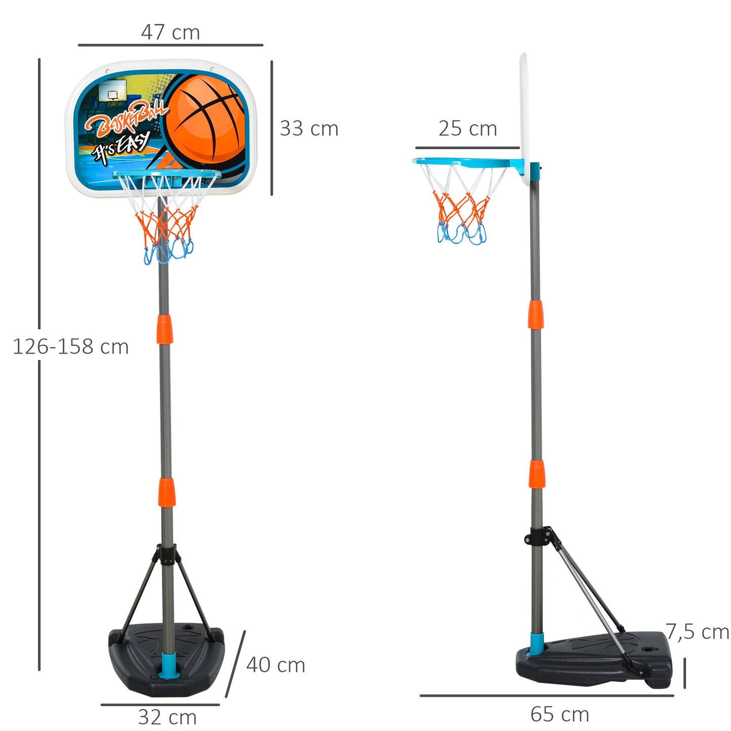 HOMCOM Canasta de Baloncesto para Niños Aro Baloncesto con Soporte Altura Ajustable y Base Rellenable Incluida Interior y Exterior 32x65x126-158 cm