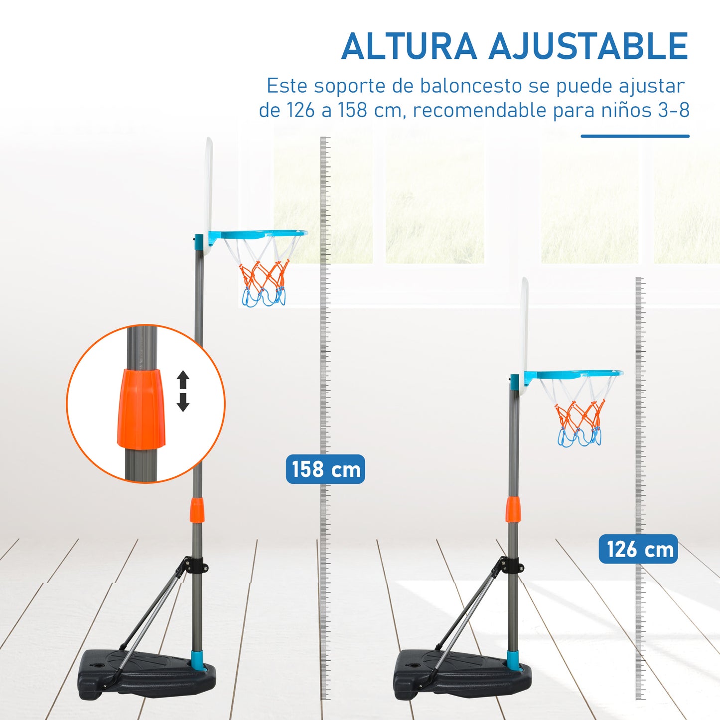 HOMCOM Canasta de Baloncesto para Niños Aro Baloncesto con Soporte Altura Ajustable y Base Rellenable Incluida Interior y Exterior 32x65x126-158 cm