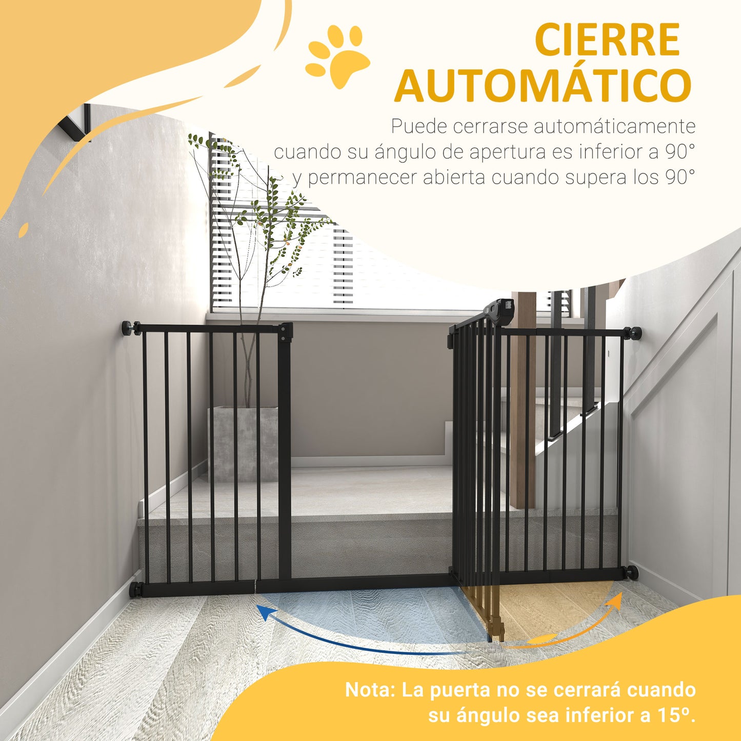 PawHut Barrera de Seguridad Extensible para Puertas y Escaleras Barrera para Perros con Cierre Automático y Sistema de Doble Bloqueo Metal 74-147,5x76,2 cm Negro