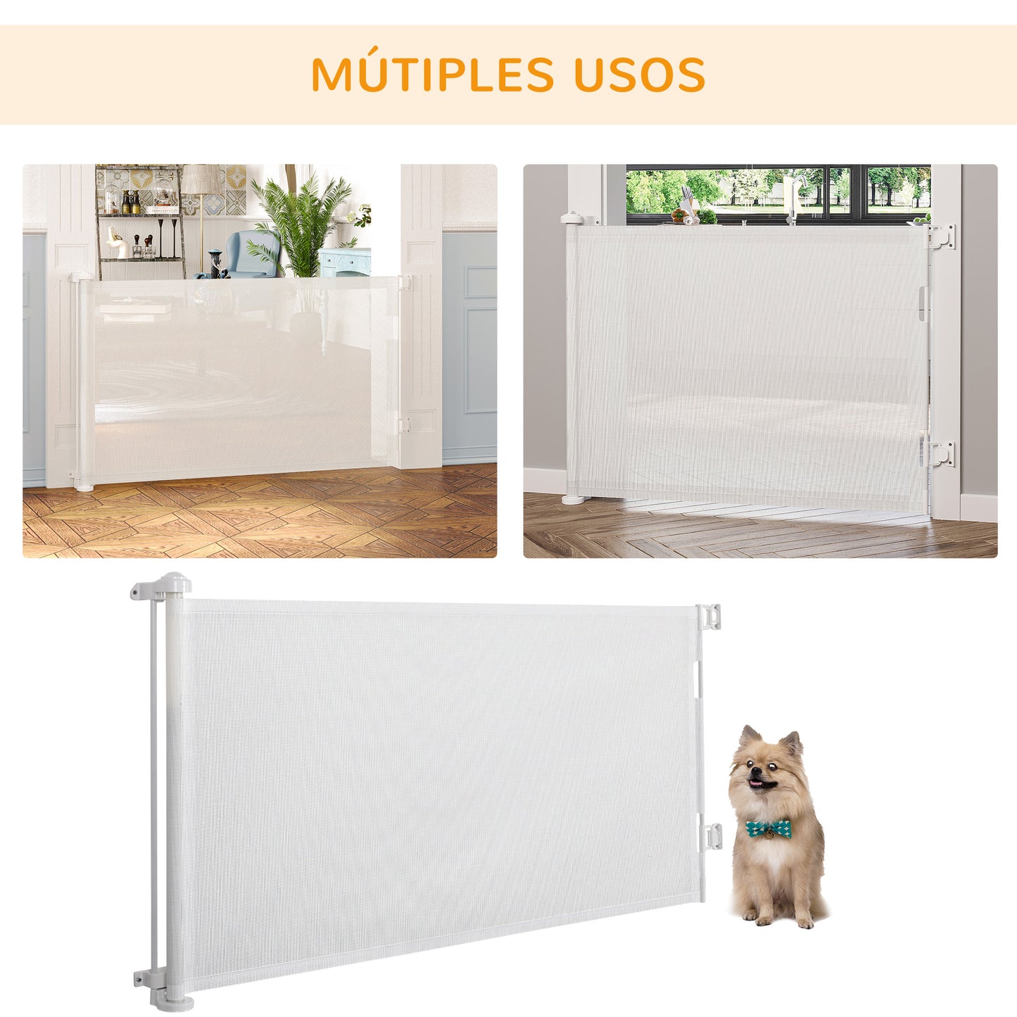 PawHut Puerta de Seguridad para Perros y Gatos Extensible 0-150 cm Puerta Retráctil para Mascotas Barrera para Escaleras y Pasillos Aleación de Aluminio 165x10,7x85 cm Blanco