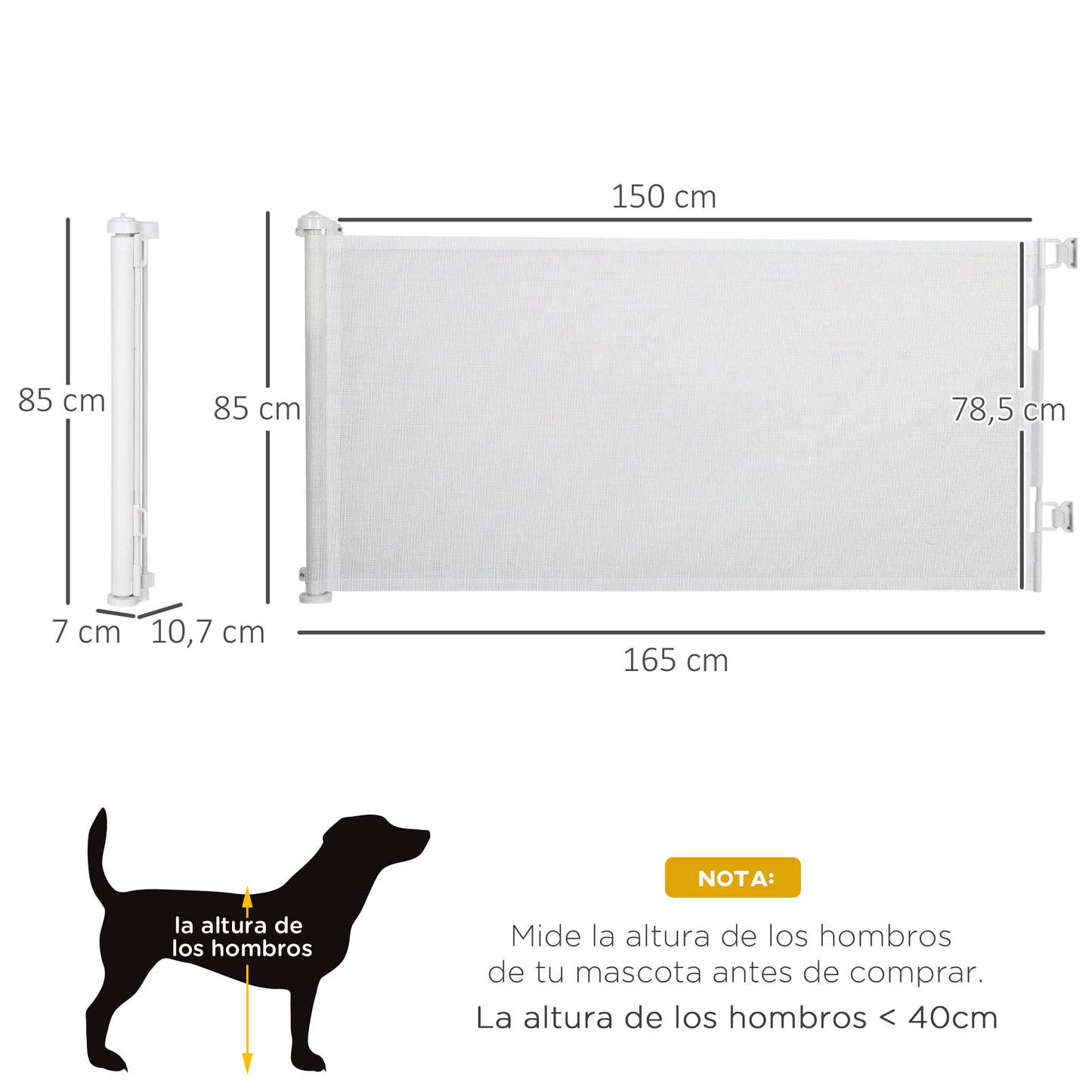 PawHut Puerta de Seguridad para Perros y Gatos Extensible 0-150 cm Puerta Retráctil para Mascotas Barrera para Escaleras y Pasillos Aleación de Aluminio 165x10,7x85 cm Blanco