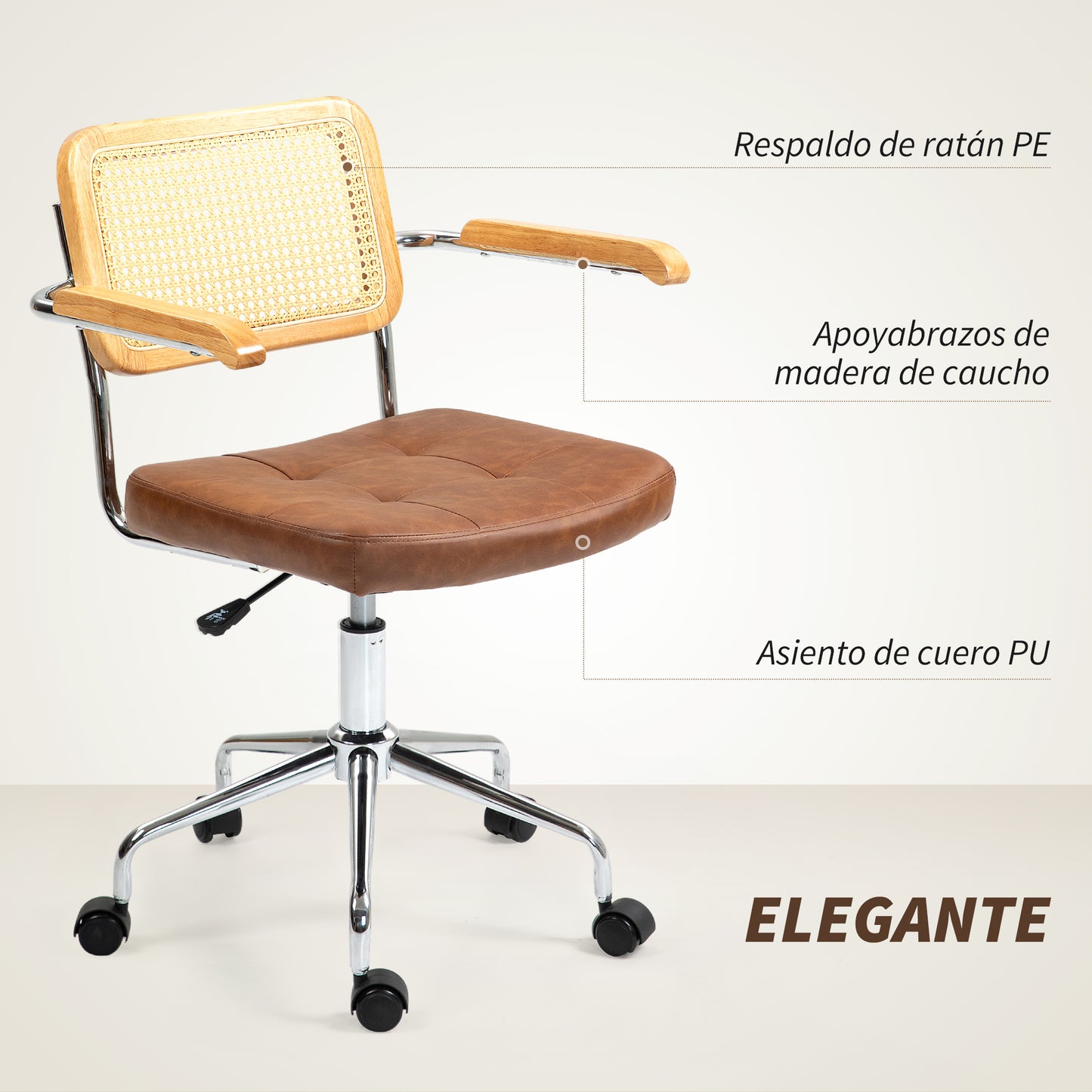 HOMCOM Silla de Oficina Giratoria Silla de Escritorio Altura Ajustable con Función de Basculante y Respaldo de Ratán Sintético Silla de Estudio Carga 120 kg 60x55,5x82-90 cm Marrón