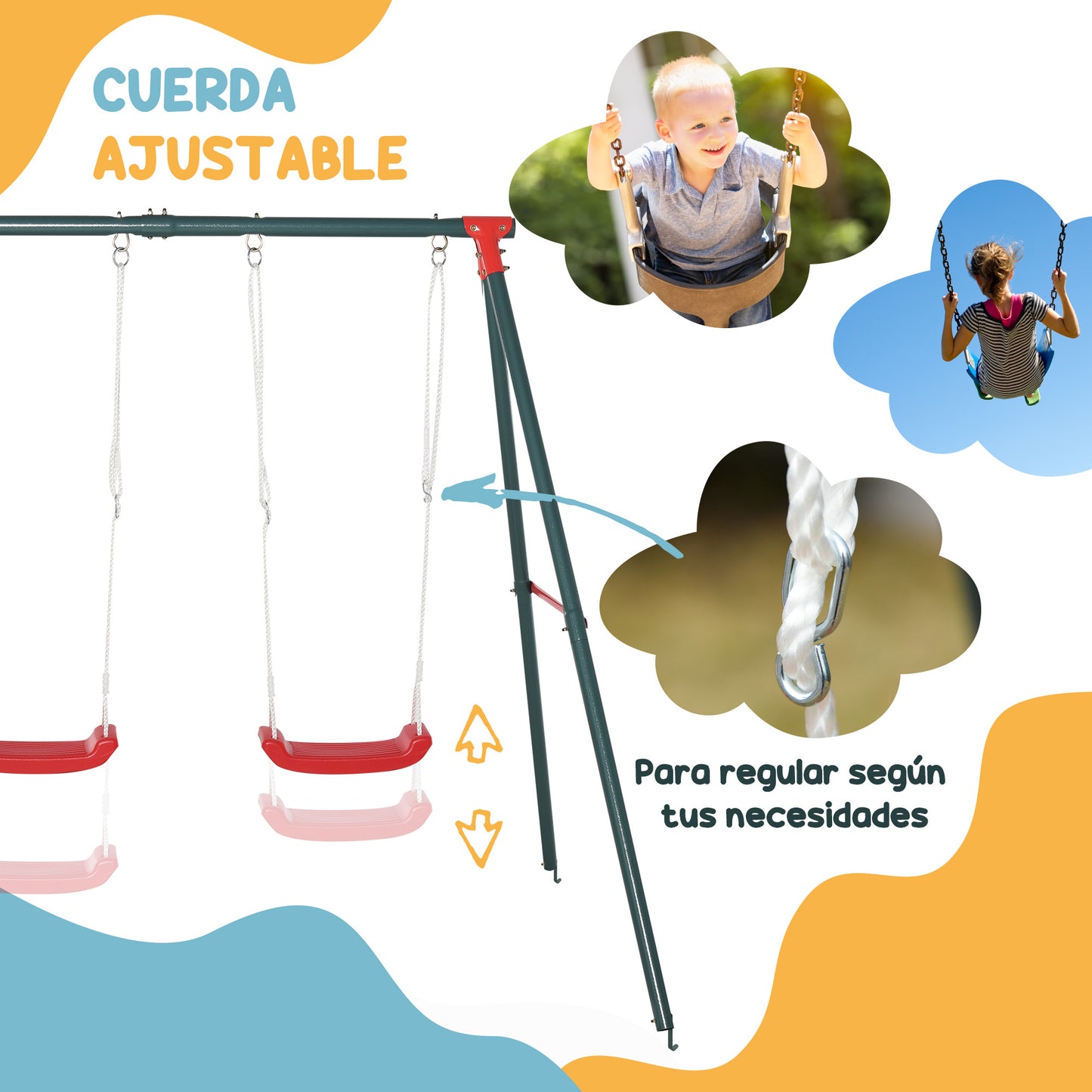 Outsunny Conjunto para Niños Juego de Balancín para Niños Giratorio 360° y Columpio Doble Infantil con Cuerda Ajustable para Jardín Parque 184x76x71 cm 239x156x180 cm Multicolor