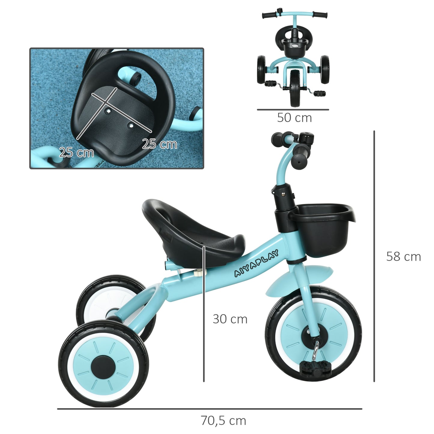 AIYAPLAY Triciclo para Niños de 2 a 5 Años Bicicleta Infantil con Asiento Ajustable Cesta Timbre Pedales y 3 Ruedas Carga 25 kg 70,5x53x58 cm Azul