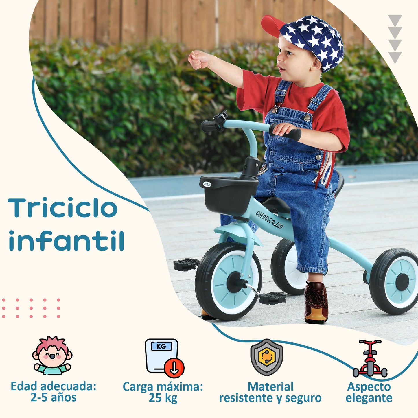 AIYAPLAY Triciclo para Niños de 2 a 5 Años Bicicleta Infantil con Asiento Ajustable Cesta Timbre Pedales y 3 Ruedas Carga 25 kg 70,5x53x58 cm Azul