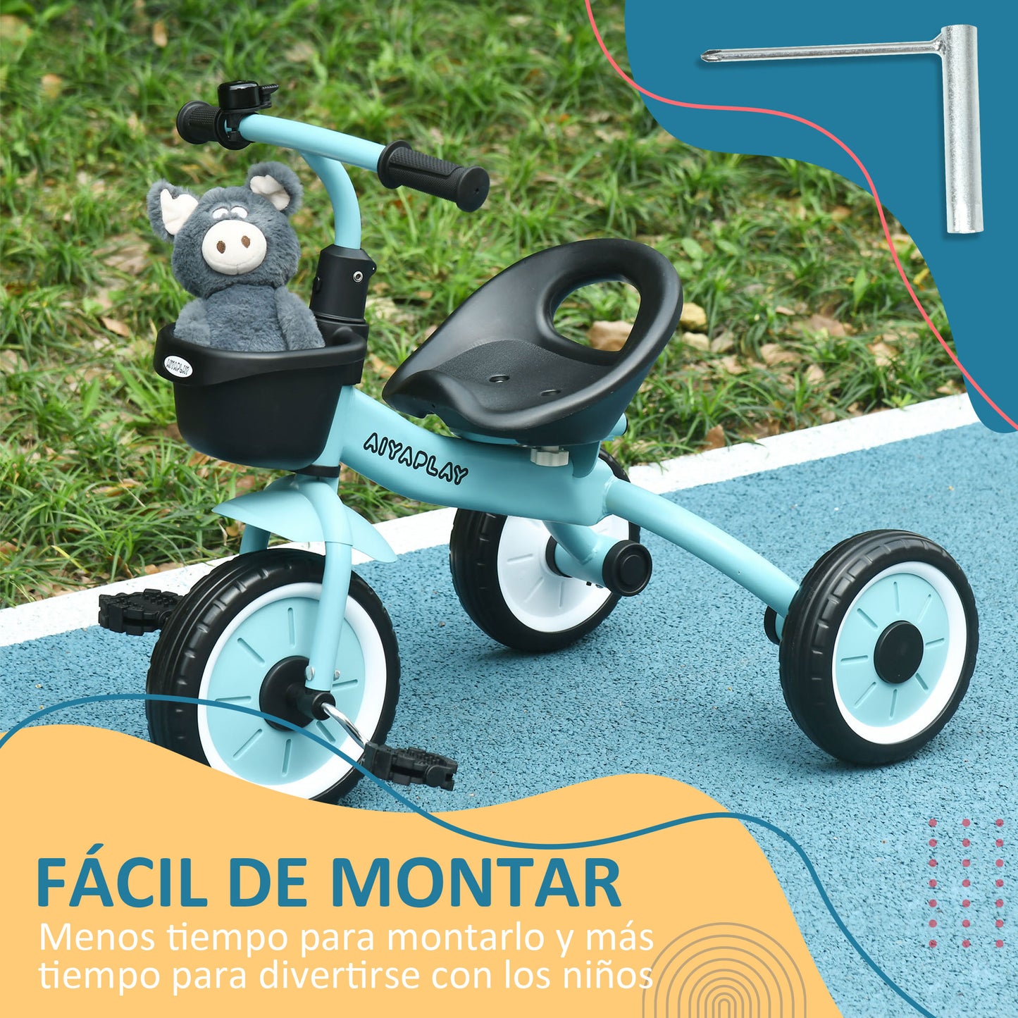 AIYAPLAY Triciclo para Niños de 2 a 5 Años Bicicleta Infantil con Asiento Ajustable Cesta Timbre Pedales y 3 Ruedas Carga 25 kg 70,5x53x58 cm Azul