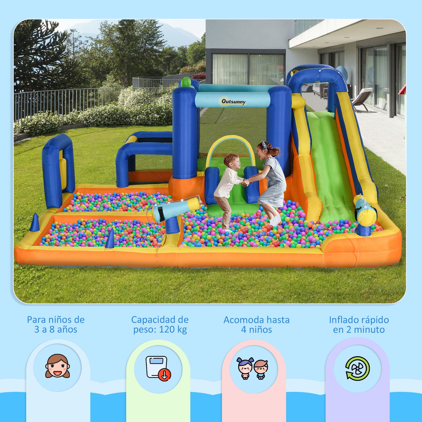 Outsunny Castillo Hinchable Infantil 7 en 1 Castillo Hinchable para Niños Parque Acuático con Tobogán Piscina Muro de Escalada Inflador y Bolsa de Transporte 430x420x200 cm Multicolor