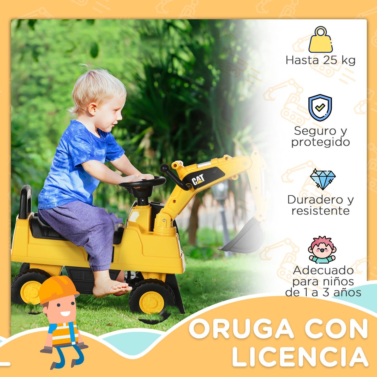 HOMCOM Excavadora con Licencia Caterpillar Excavadora Correpasillos para Niños de 12-36 Meses con Asiento de Almacenamiento Pala Delantera y Bocina Carga 25 kg 85x27,5x47,5 cm Amarillo