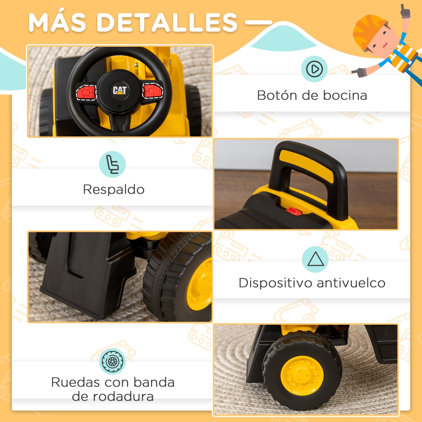 HOMCOM Excavadora con Licencia Caterpillar Excavadora Correpasillos para Niños de 12-36 Meses con Asiento de Almacenamiento Pala Delantera y Bocina Carga 25 kg 85x27,5x47,5 cm Amarillo