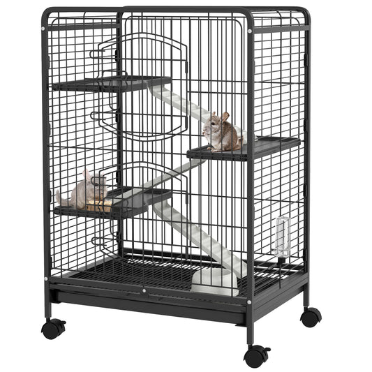 PawHut Jaula para Animales Pequeños Jaula para Roedores con Ruedas Rampa Cuenco Botella de Agua y Bandeja Extraíble Recinto para Conejos Chinchillas Hurones 61,5x44,5x95 cm Negro