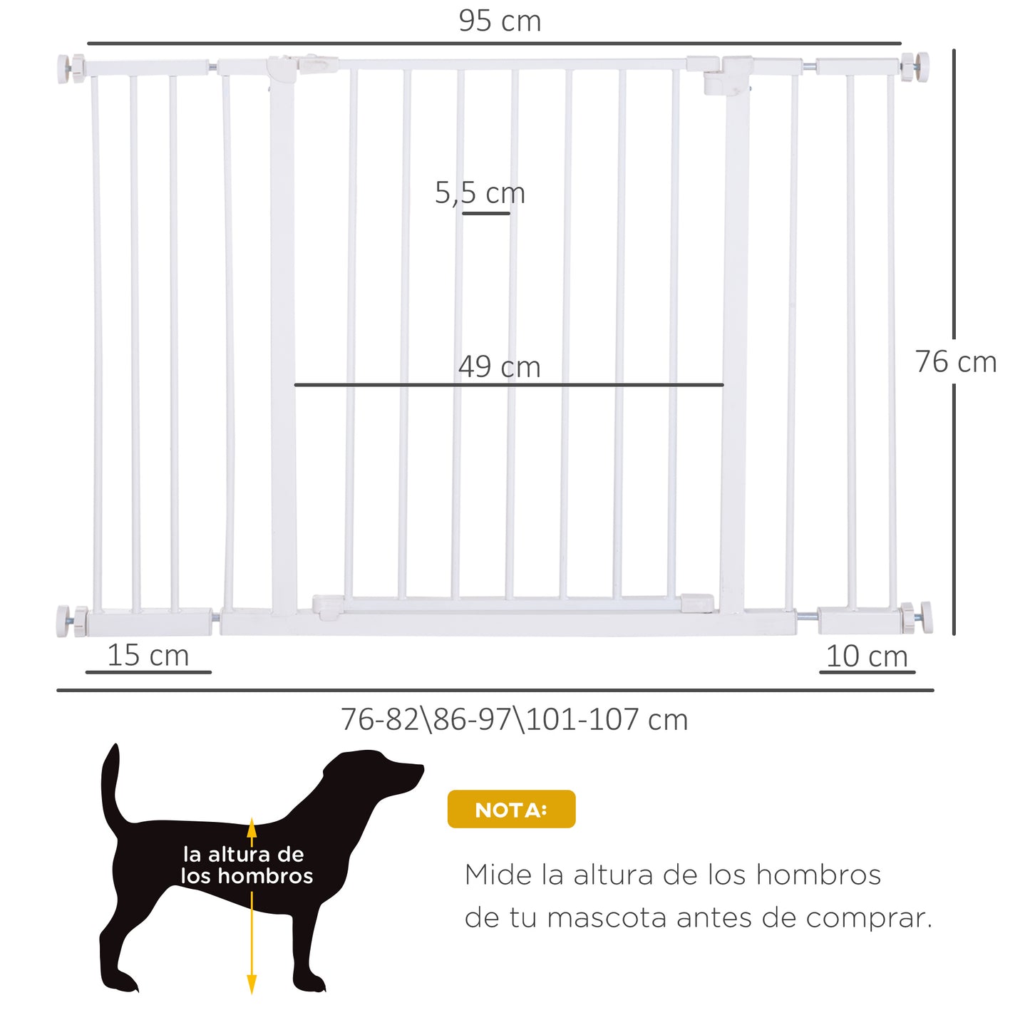 PawHut Barrera de Seguridad Extensible Puertas y Escaleras Metálica para Perros y Bebé Barrera Puertas Mascota 76-107x76 cm Blanco