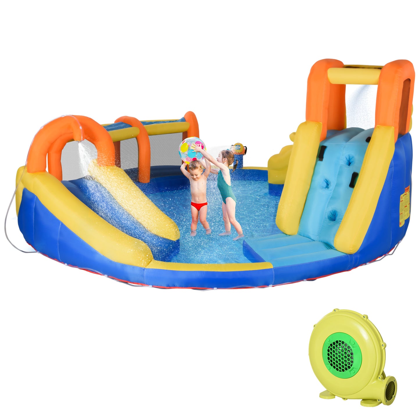 Outsunny Castillo Hinchable para Niños de 3-8 Años Castillo Inflable con Inflador Parque Acuático con Cesta de Baloncesto Piscina Tobogán y Bolsa de Transporte 435x435x200 cm Multicolor