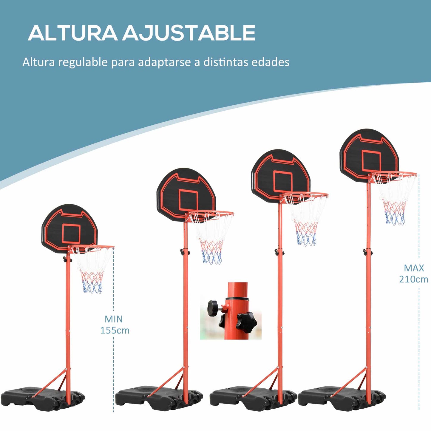 HOMCOM Canasta de Baloncesto con Altura Ajustable 194-249 cm Aro de Baloncesto Portátil con Ruedas y Base Rellenable para Adolescentes y Adultos Negro