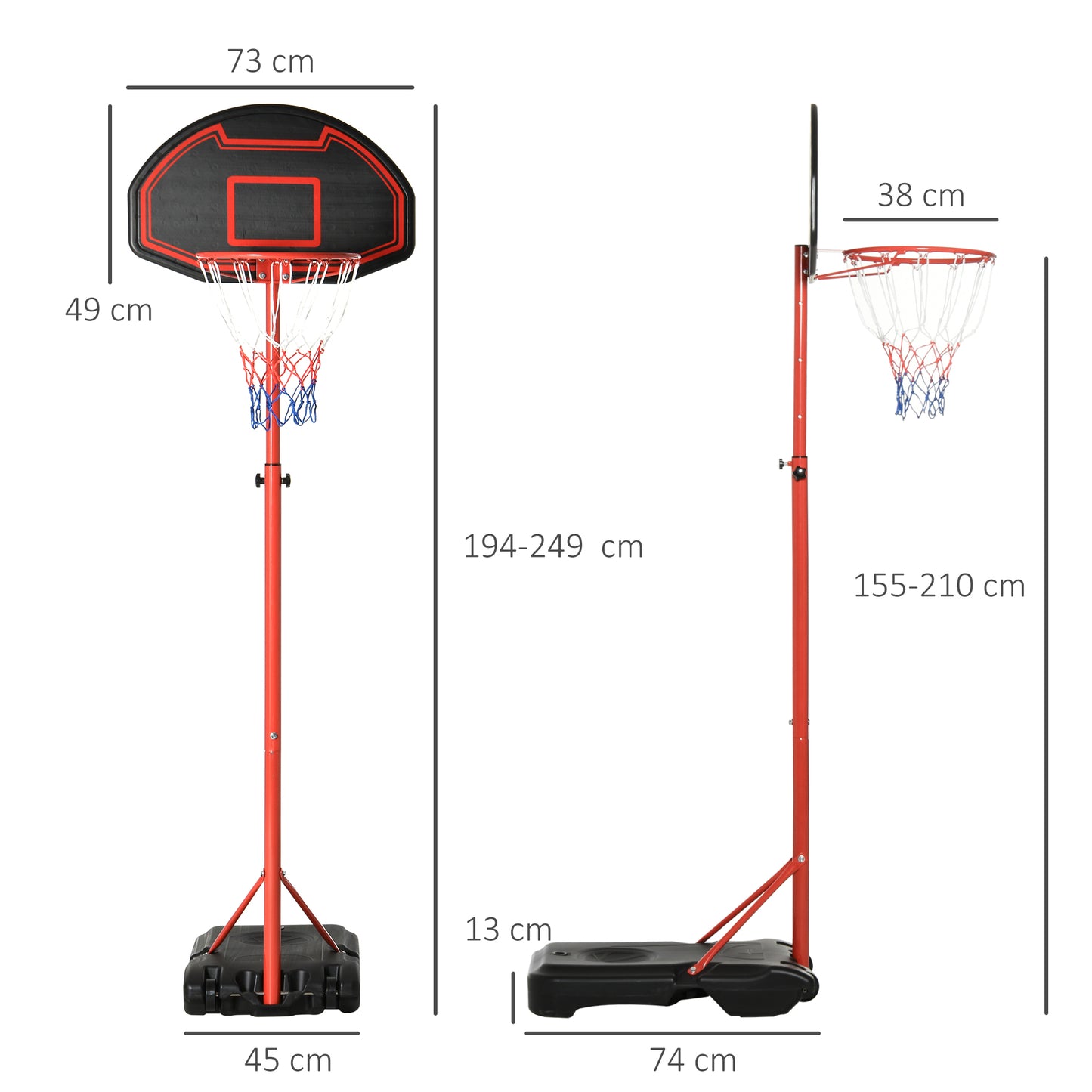 HOMCOM Canasta de Baloncesto con Altura Ajustable 194-249 cm Aro de Baloncesto Portátil con Ruedas y Base Rellenable para Adolescentes y Adultos Negro