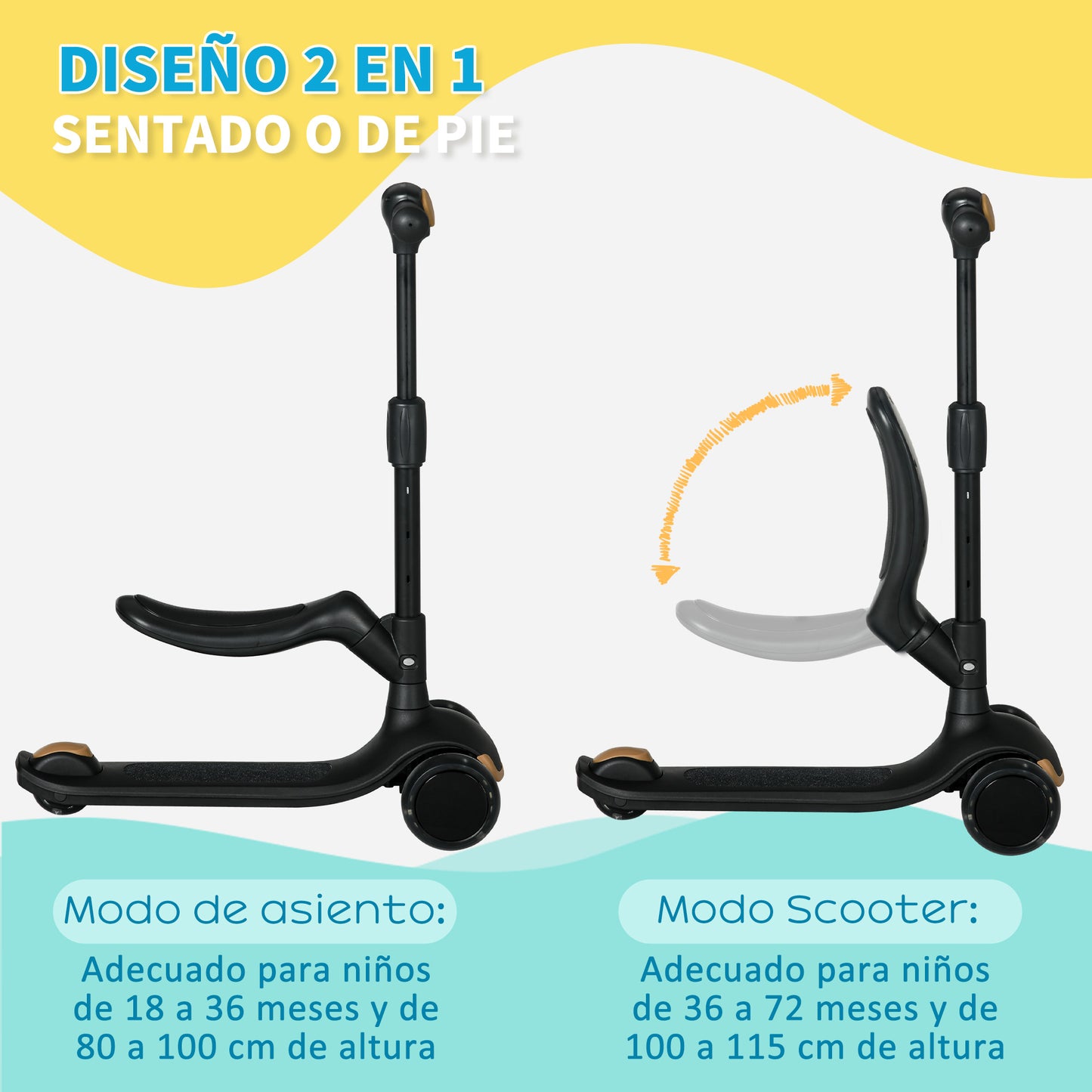 AIYAPLAY Patinete para Niños 2 en 1 Patinete Infantil Asiento Plegable con Altura Ajustable 3 Ruedas Brillantes para +18 Meses Carga 50 kg 58x31x64-79 cm Negro