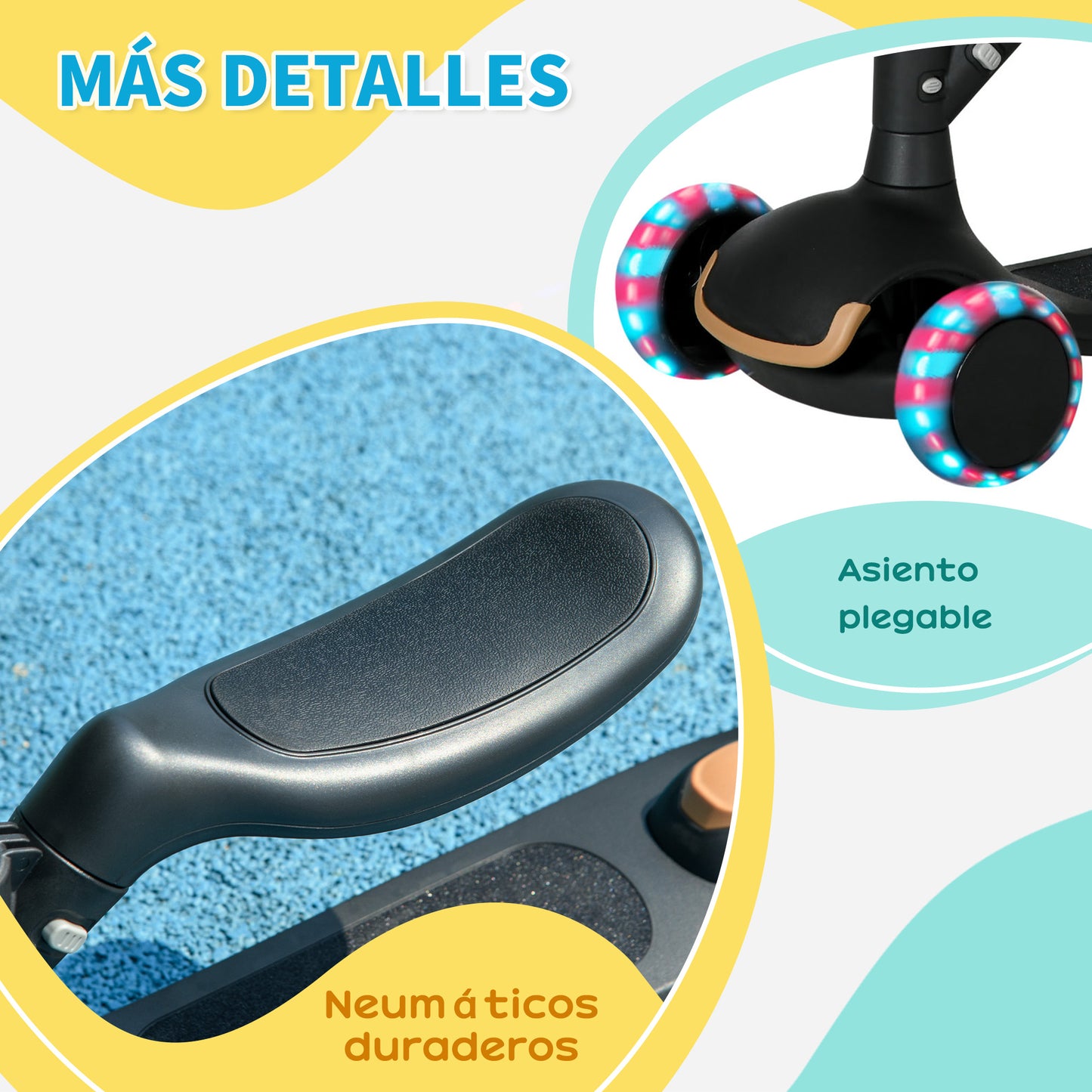 AIYAPLAY Patinete para Niños 2 en 1 Patinete Infantil Asiento Plegable con Altura Ajustable 3 Ruedas Brillantes para +18 Meses Carga 50 kg 58x31x64-79 cm Negro