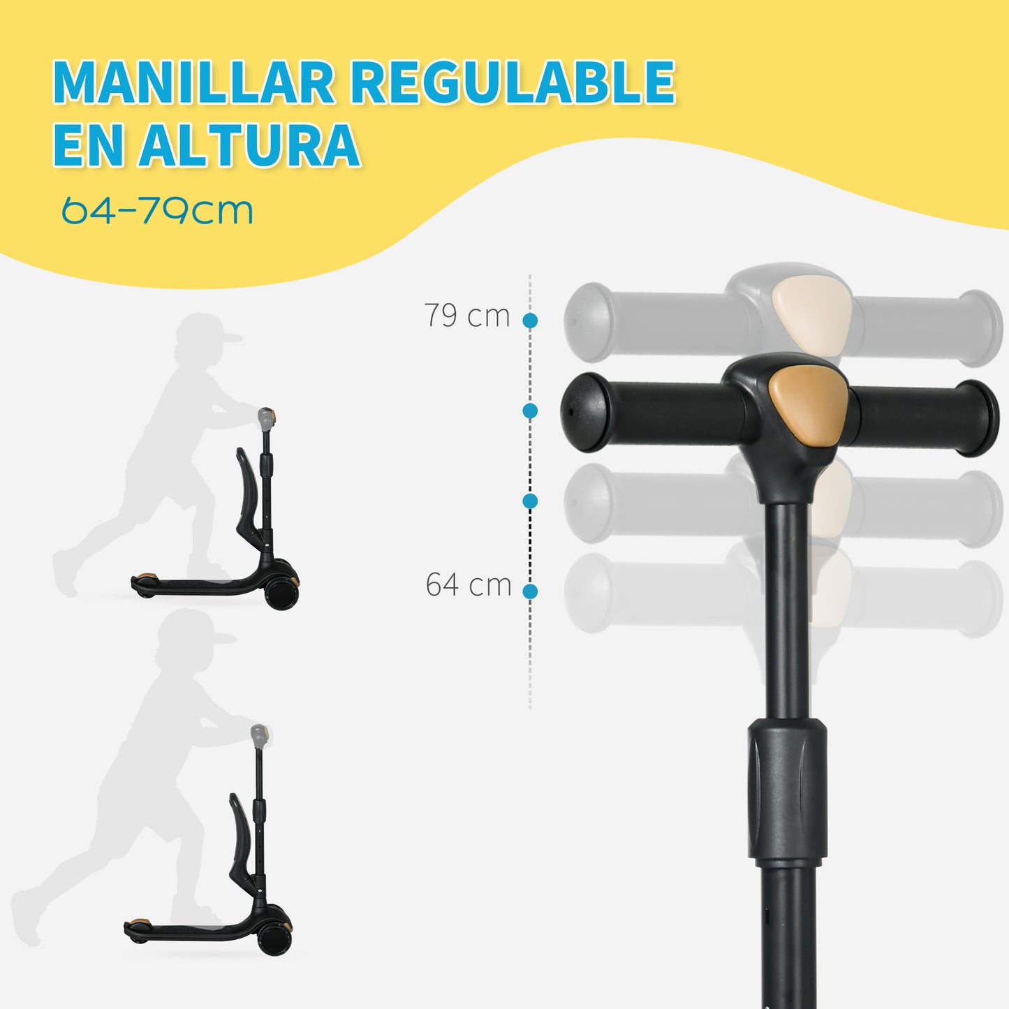 AIYAPLAY Patinete para Niños 2 en 1 Patinete Infantil Asiento Plegable con Altura Ajustable 3 Ruedas Brillantes para +18 Meses Carga 50 kg 58x31x64-79 cm Negro