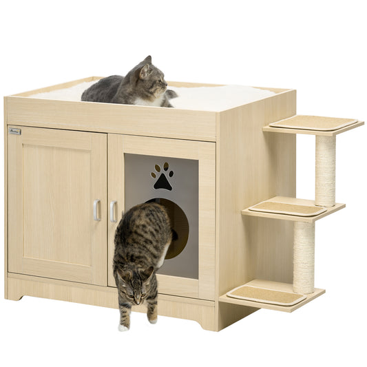 PawHut Arenero para Gatos de Madera con 2 Puertas Mueble Arenero para Gatos con Cama Cojín Suave 3 Plataformas y Postes de Sisal 107x54x70 cm Roble