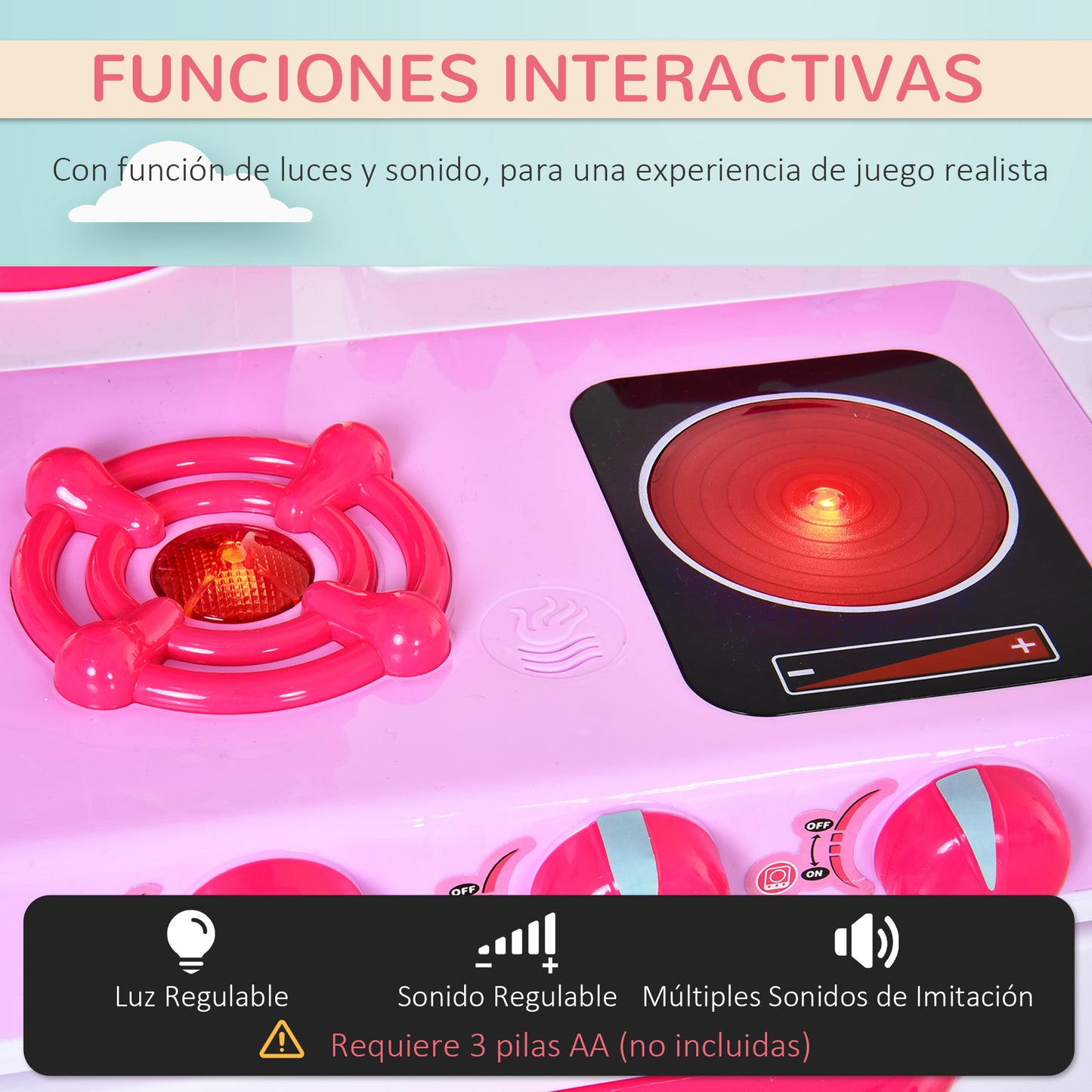 HOMCOM Cocina de Juguete para Niños Mayores de 3 Años con 38 Accesorios Luz Sonido Juegos de Rol Temprano Educativo 78x29x87 cm Rosa