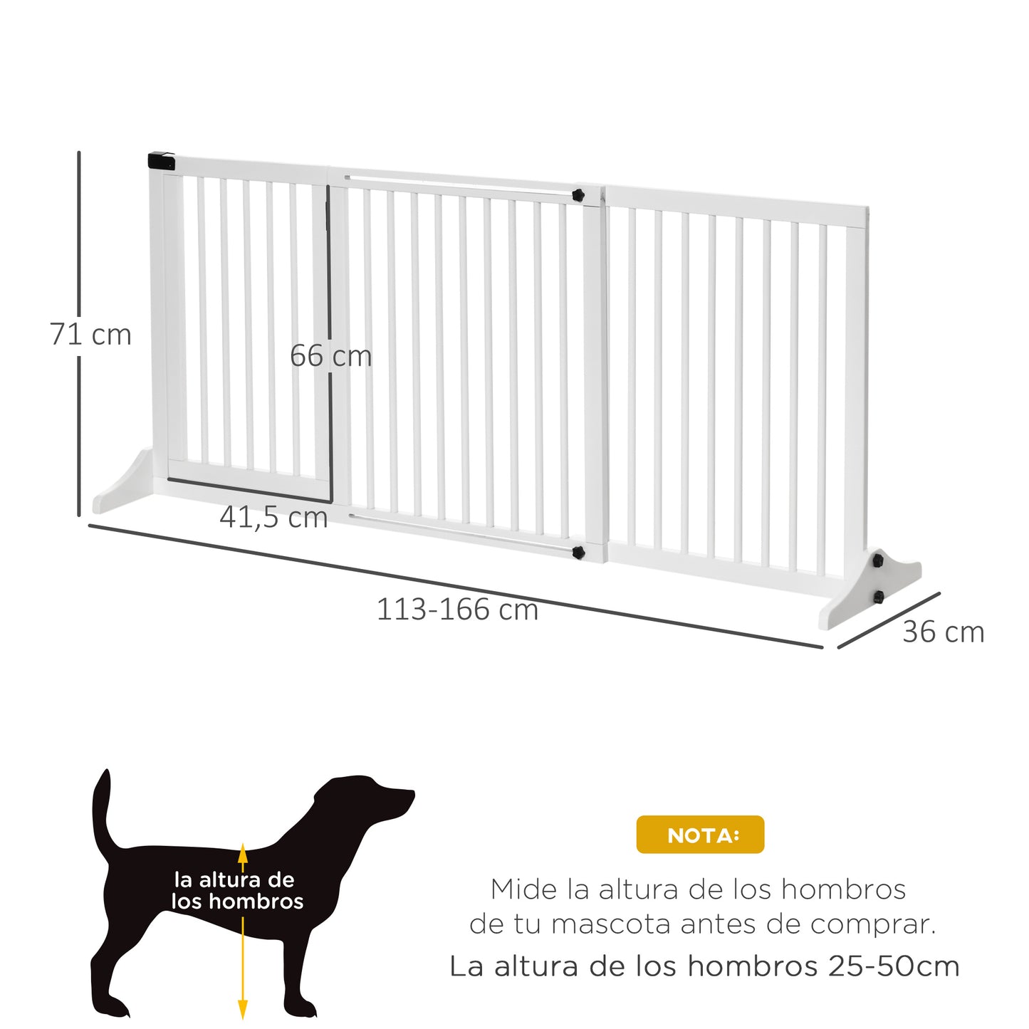 PawHut Barrera para Perros Extensible Barrera de Seguridad para Perros de 3 Paneles con Longitud Ajustable Marco de Madera y Soporte de Pie 113-166x36x71 cm Blanco