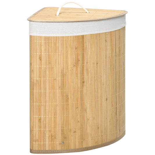 HOMCOM Cesto para Ropa Sucia de Bambú Capacidad de 55L Cesta para la Colada en Forma de Abanico con Tapa y Bolsa Extraíble 38x38x57 cm Natural