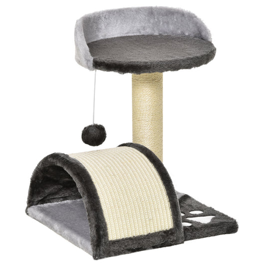 PawHut Árbol Rascador para Gatos Pequeños Altura 46 cm de 2 Niveles Árbol para Gatos con Poste Tablero para Rascar Plataformas y Juguete de Bola Colgante 35,5x37x46 cm Gris Oscuro