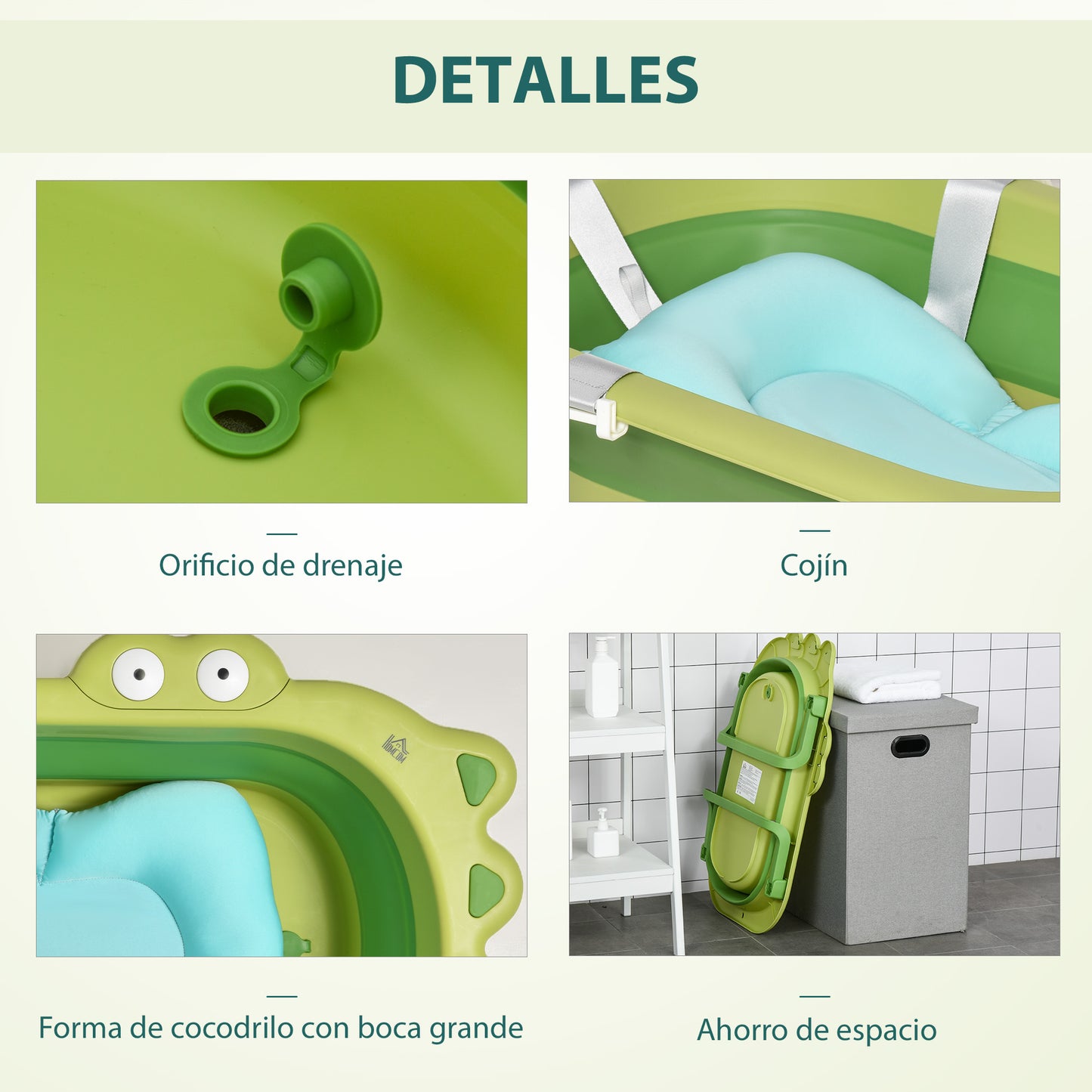 HOMCOM Bañera Plegable para Bebé Recién Nacido hasta 3 Años 50 Litros con Cojín Cómodo y Patas Plegables Carga 50 kg 80x53,9x20,8 cm Verde