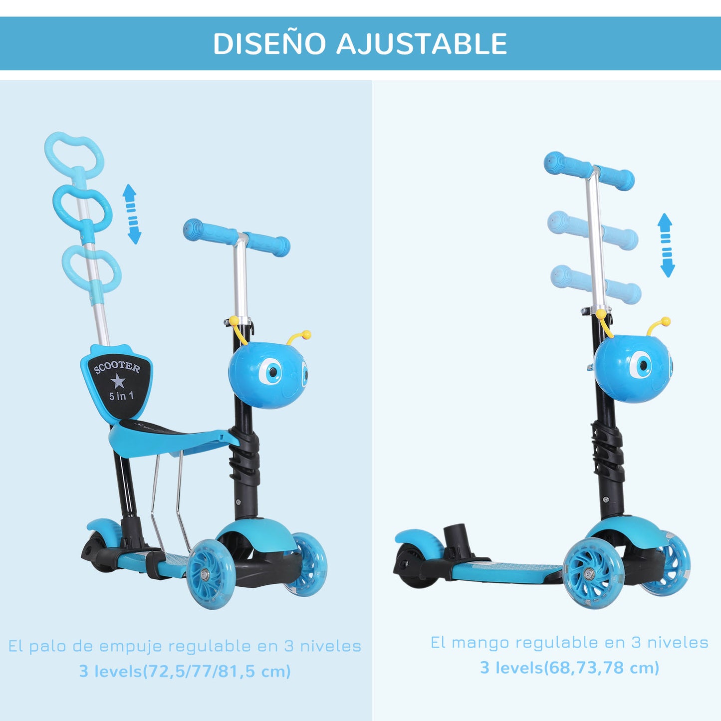 HOMCOM 3 en 1 Patinete para Niños de +18 Meses o Scooter de 3 Ruedas con Asiento Extraíble Manillar Mango de Empuje Altura Ajustable 62x25x72,5 cm Azul